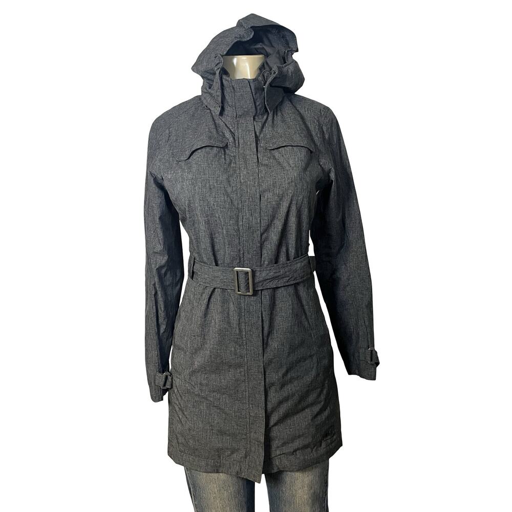 REI Coat Womens XS Gray Belted Hooded‎ Rain Trench Mid Length Outdoor Travel